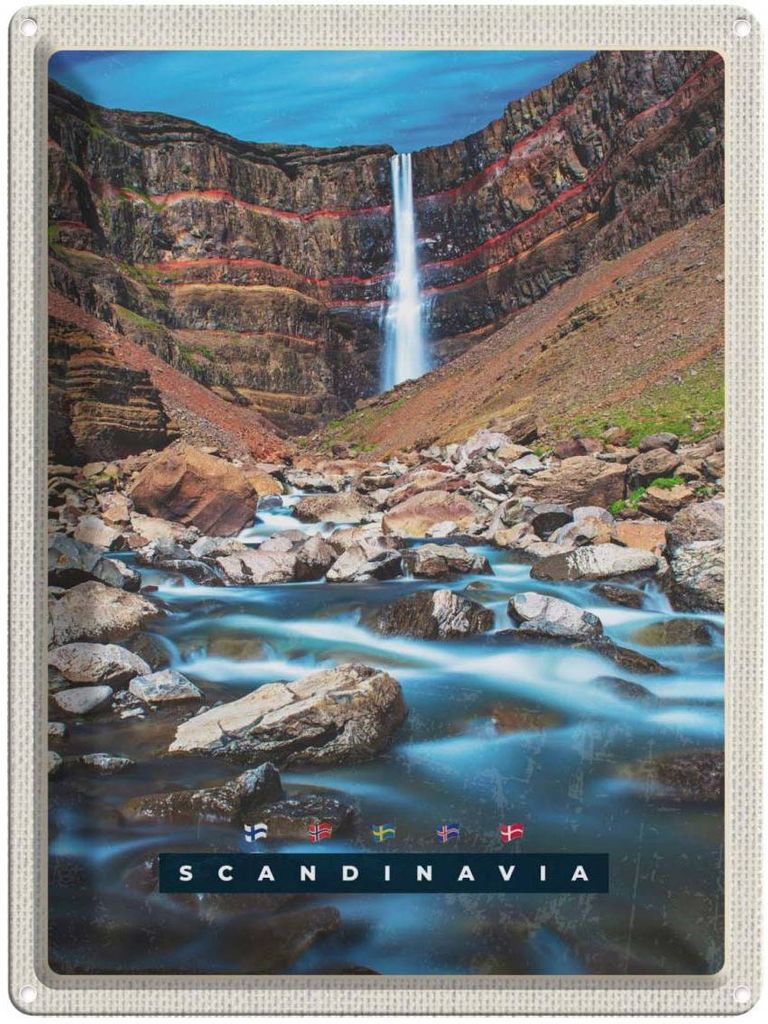 vianmo Blechschild 40x30 cm Skandinawien Fluss Steine Wasserfall Bildmotiv Reisemotiv Abenteuer Reisen Europa Urlaub