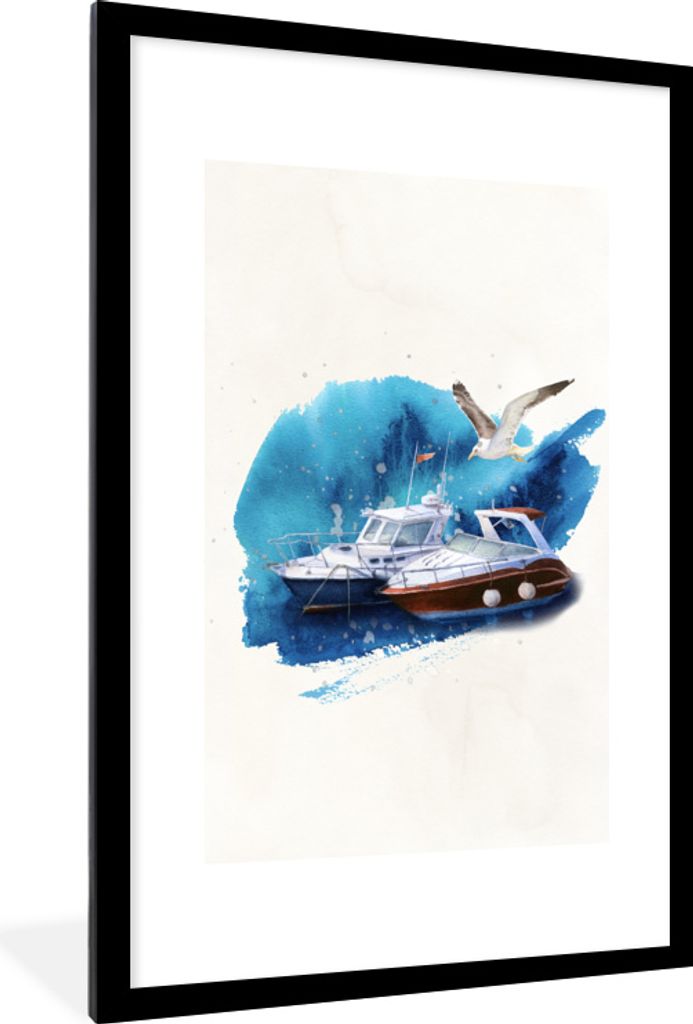 MuchoWow MuchoWow Gerahmtes Poster Boot - Vogel - Wasser 60x90 cm - Poster mit zchwarzem Bilderrahmen - Dekoration - Wandposter Wohnzimmer - Ho...