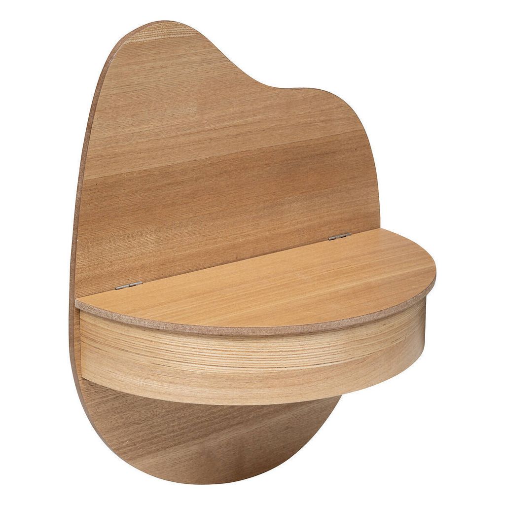 A wooden shelf with a curved, organic shape, mounted on a white background.