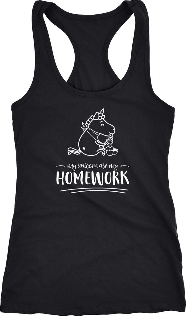 Damen Tanktop Einhorn My Unicorn ate my Homework Sprüche Spruch Racerback Moonworks schwarz XL