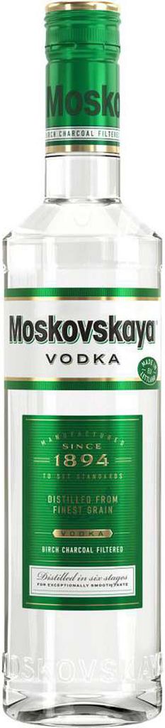 A bottle of Moskovskaya Vodka against a white background.