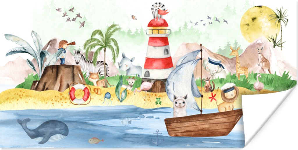 MuchoWow Poster Strand - Tiere - Kinder - Leuchtturm - Jungen 120x60 cm - Bild