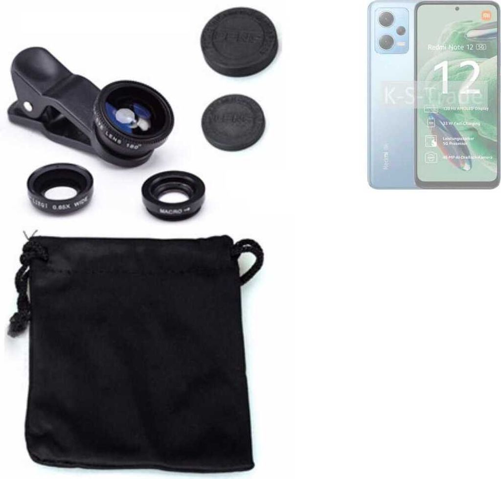 K-S-Trade Smartphone Kamera Linsen Set Kompatibel mit Xiaomi Redmi Note 12 5G 3in1 Clip-On Kamera Adapter Macro Weitwinkel FishEye Fischauge Objektiv