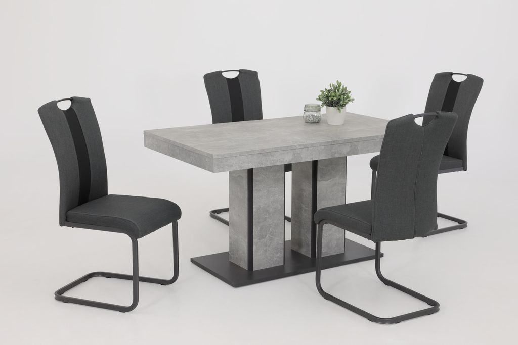 Hela Tische, 5tlg. ESSGRUPPE Rose, Nachbildung Betonoptik, 2 Säulenfüße mit Kante Schwarz, Freischwinger Stühle, Webstoff Anthrazit, Vierkantge...