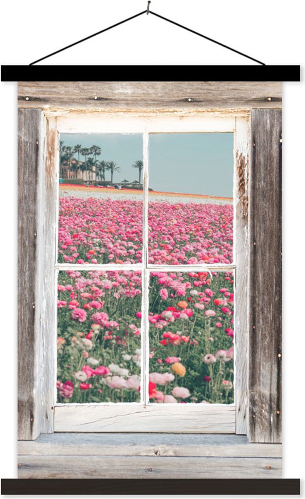 MuchoWow Textilposter Aussicht - Feld - Blumen 60x90 cm mit schwarzem Rahmen - Poster Wohnzimmer