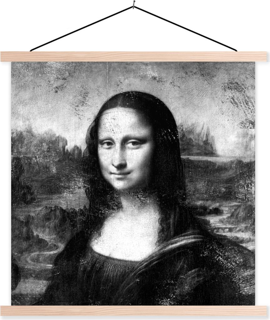 MuchoWow Textilposter Mona Lisa - Leonardo da Vinci - Schwarz - Weiß 40x40 cm mit holzfarbenen Rahmen - Posterleiste