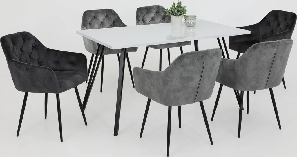 Table à manger blanche design Jennifer avec piétement en V métallique