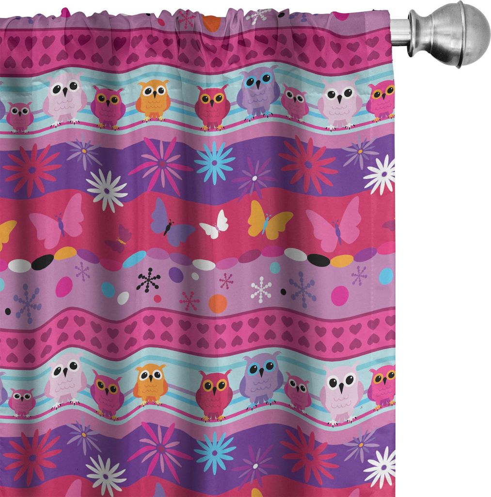 ABAKUHAUS Eule Vorhänge, Gardinen, Gestreiftes nettes Karikatur-Art-Muster mit Eulen-Blumen-Schmetterlings-Herzen und Schneeflocken, 2 Stück 75 x...