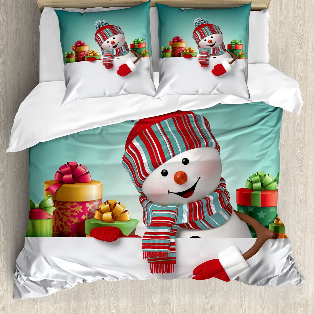 ABAKUHAUS Weihnachten Bettbezug, Schneemann und Boxen, Milbensicher Allergiker geeignet mit Kissenbezügen, 200 cm x 200 cm - 80 x 80 cm, Mehrfarbig