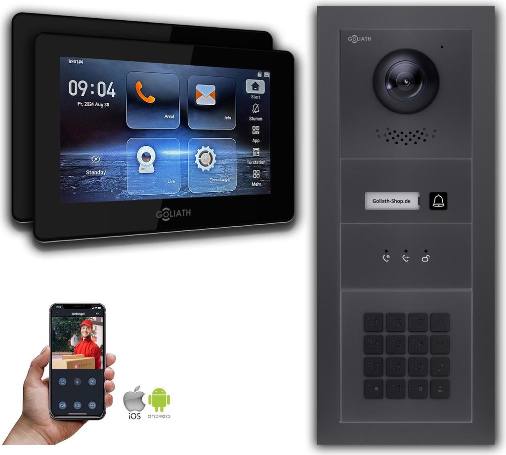 Goliath IP Video Türsprechanlage mit Kamera 7-Zoll Zahlencode Anzeige Anthrazit : Aufputzdose : 7 Zoll in Schwarz : 2 Monitore Anzahl: 2 Monitore ...