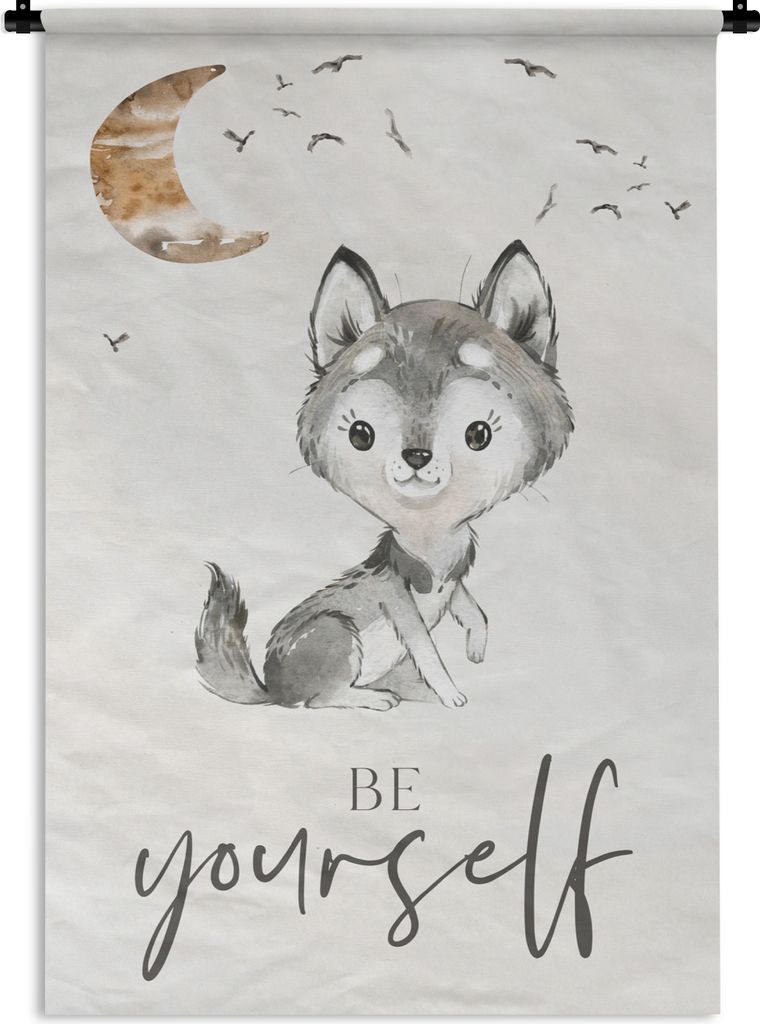MuchoWow Wandteppich Wandbehang Sprichwörter - Wolf - Sei du selbst - Kinder - Jungen - Mädchen - Aquarell 60x90 cm Tapisserie Dekoration Wandt...