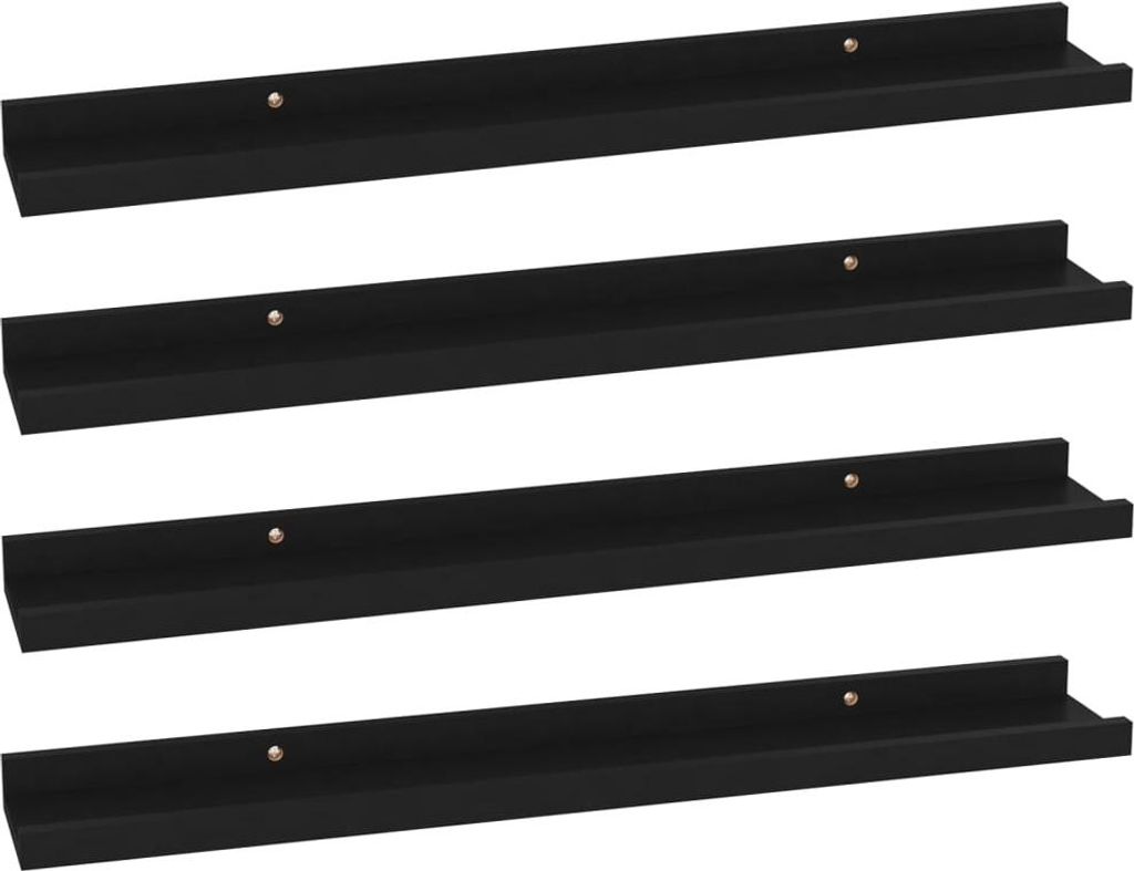 Four black shelves are arranged horizontally against a white background.