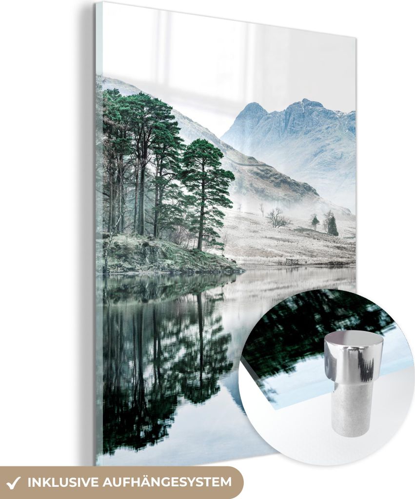 MuchoWow Glasbilder - Bilder auf Wandbild - Foto auf Glas Natur - Winter - Berge - Wald 60x80 cm Wanddekoration aus Glas - Acrylglasbild - Acrylbil...