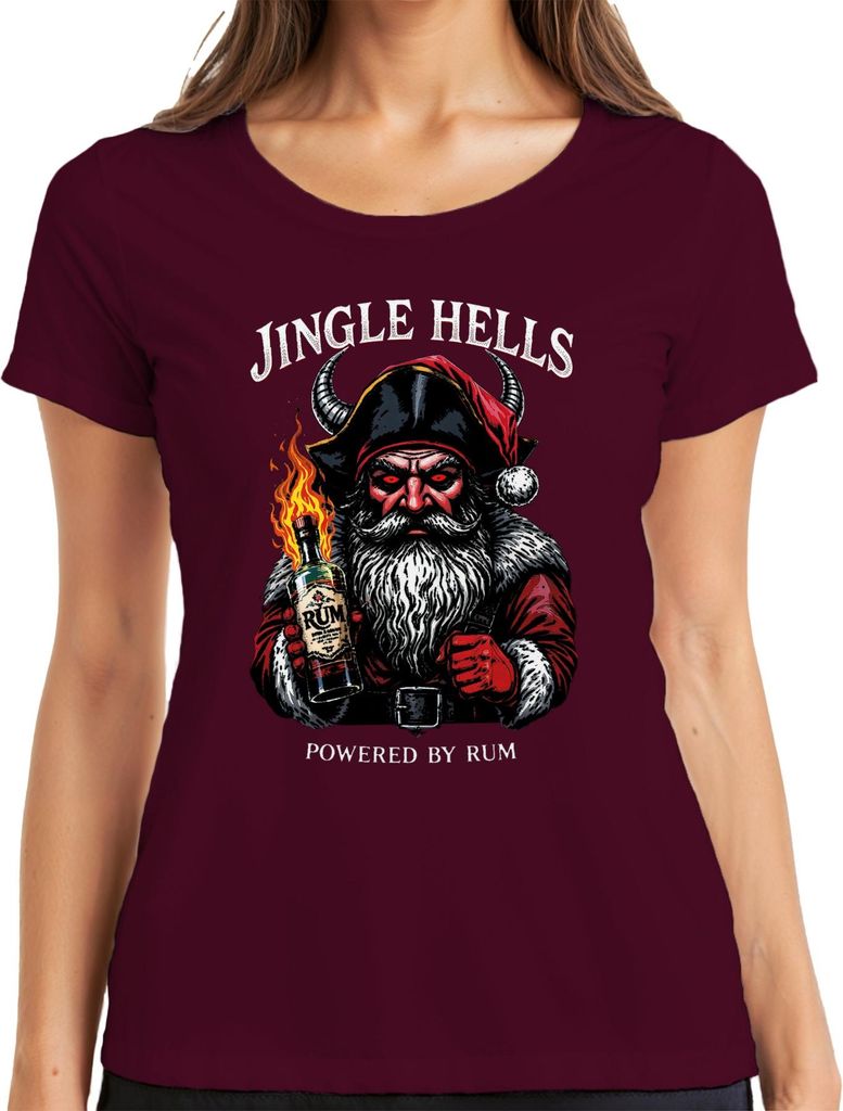 Jingle Hells Powered by Rum Santa horned flaming bottle Christmas Damen T-Shirt, Burgundy, M