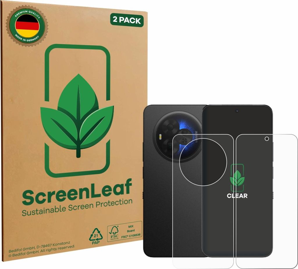 2x ScreenLeaf Schutzfolie für TCL NXTPAPER 60 Ultra (Display+Rückseite) nachhaltiger Displayschutz Display Schutz Folie Klar Transparent