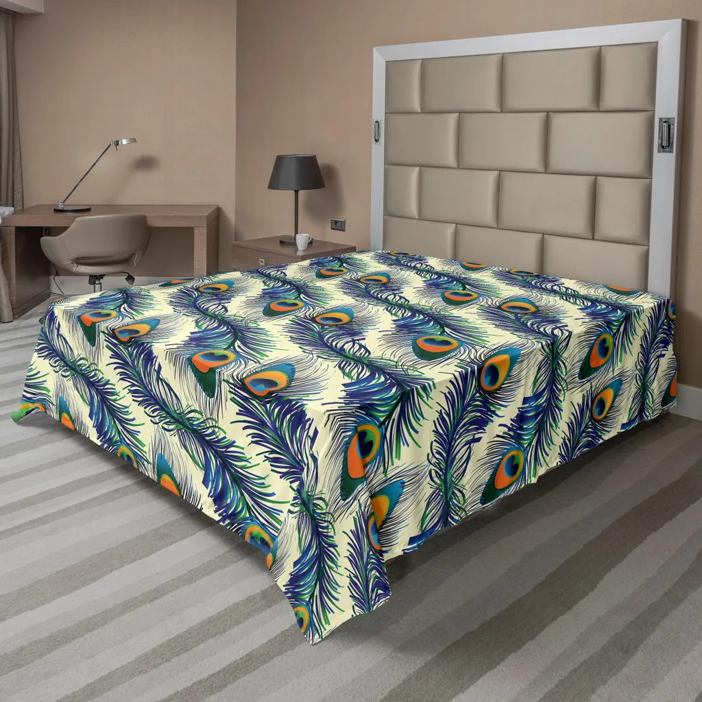 Drap plat motif plumes de paon vintage confortable coloris Bleu Vert