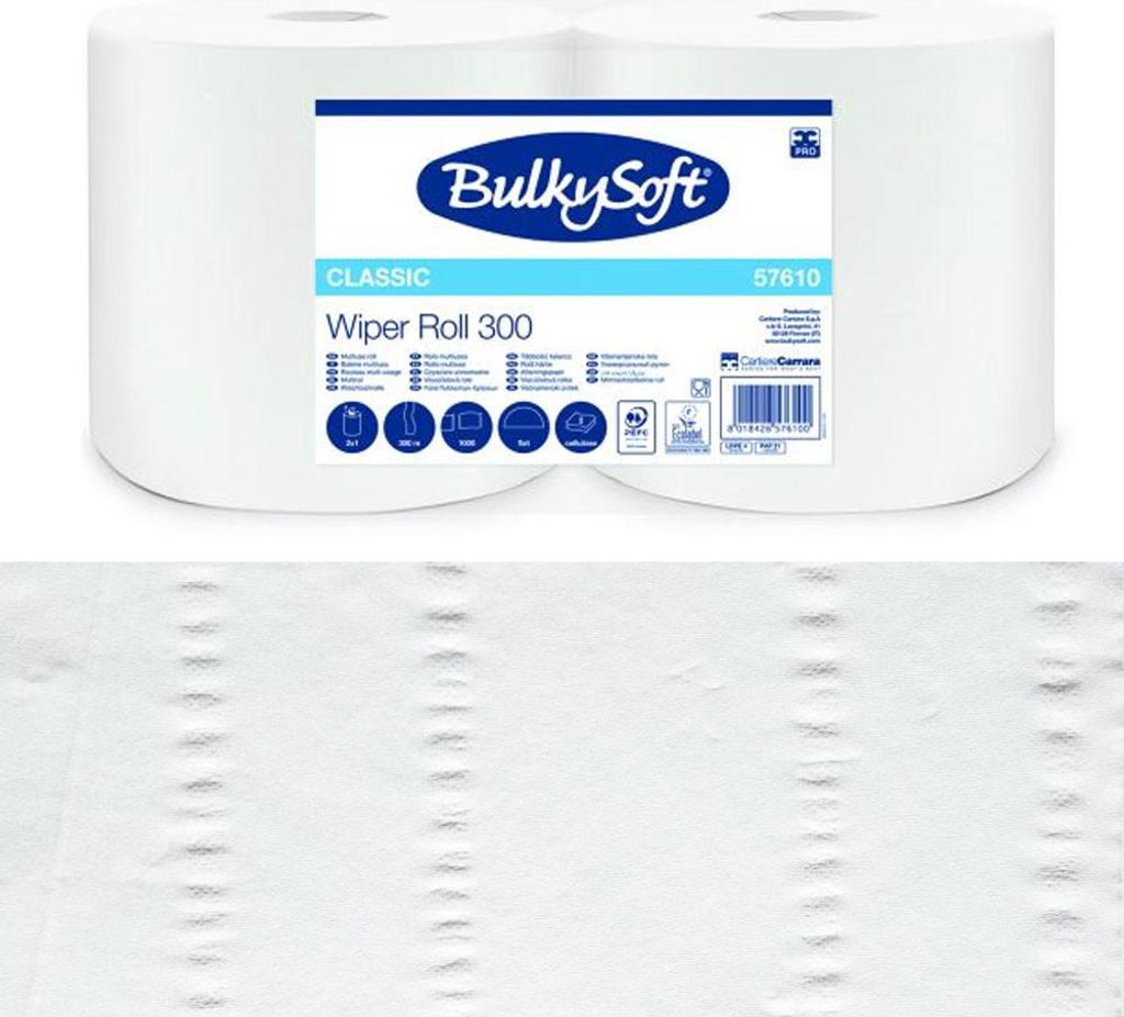 Papierreinigungstuch, 300 m lang, glatt, ohne Klebstoff, 2-lagig, Bulkysoft Premium, zum Glasieren, 2 Rollen