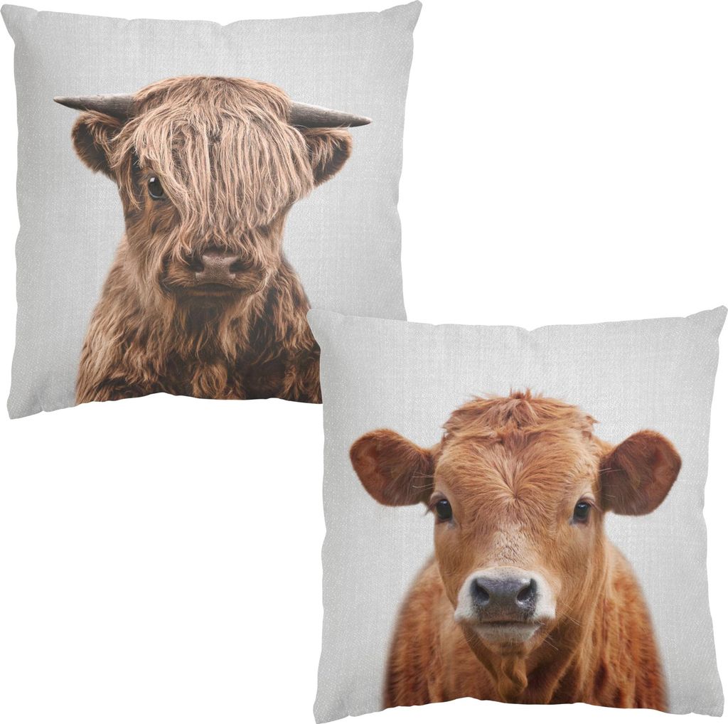 Dekokissen 2-teilig Tiere drinnen / Indoor Zierkissen Canvas waschbar Design braun Motiv Sofakissen mit Füllung