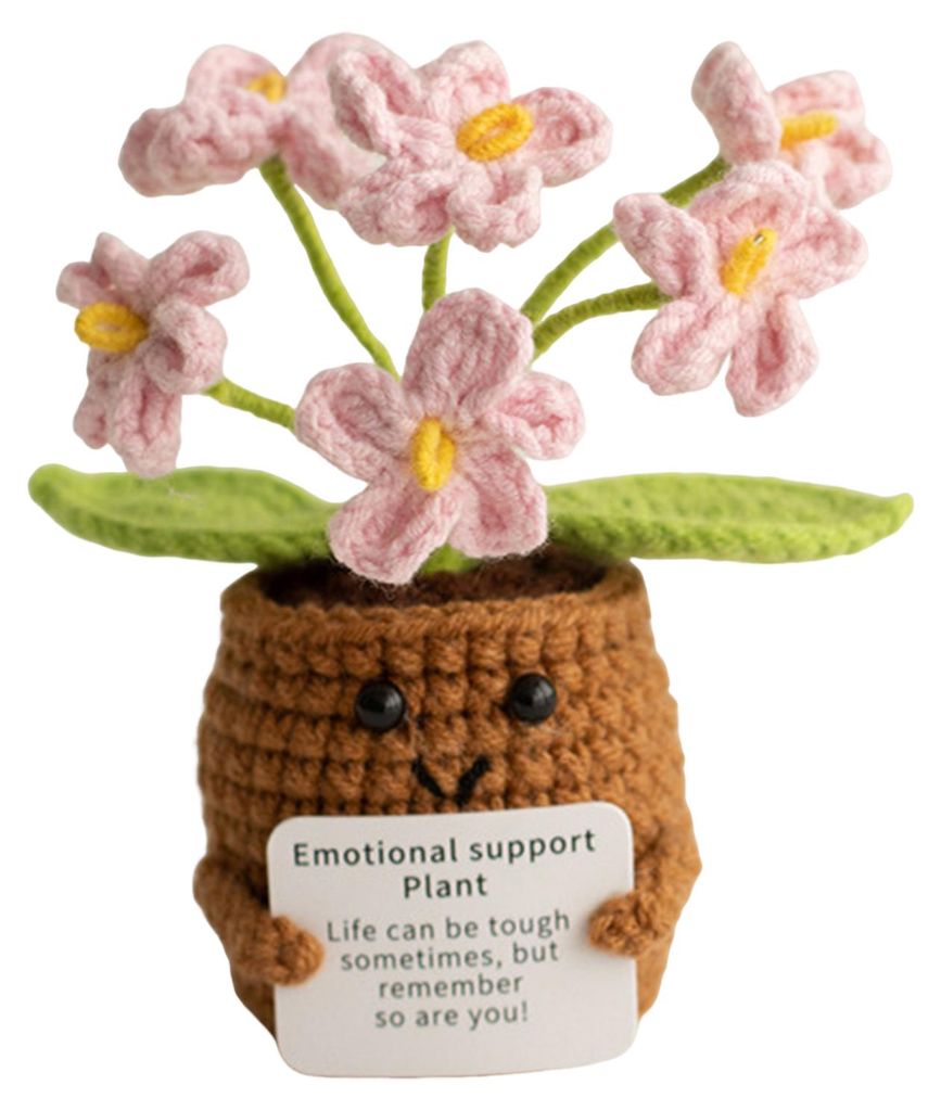 Gehäkelte Topfblume mit positiver Karte, emotionale Unterstützung, handgefertigte Strick-Topfpflanze, Puppe, Stressabbau-Spielzeug, Schreibtischd...