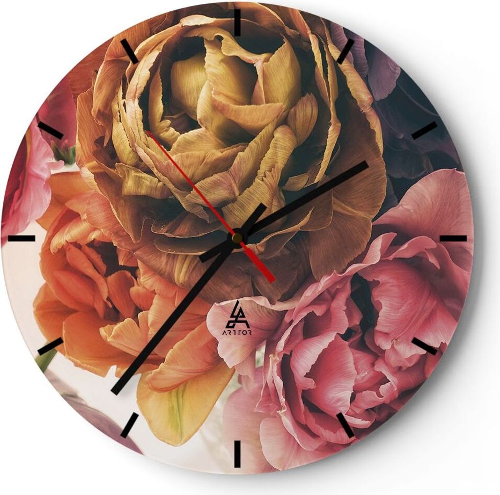 Wanduhr - Rund - Glasuhr - Blumenstrauß Blumen Braut - 30x30cm - Schleichendes Uhrwerk - Lautlos - zum Aufhängen bereit - Dekoration Modern - Wan...