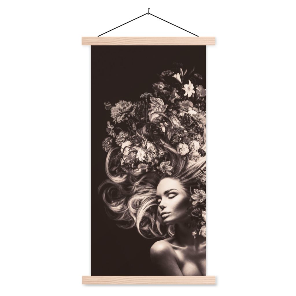 MuchoWow Textilposter Blumen - Frau - Natur 40x80 cm mit holzfarbenen Rahmen - Wohnzimmer
