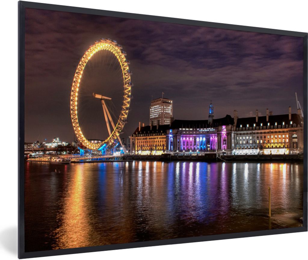 MuchoWow Gerahmtes Poster Beleuchtung der Gebäude und des London Eye in London 80x60 cm - Poster mit Schwarzem Bilderrahmen Wandposter Rahmen Fo...
