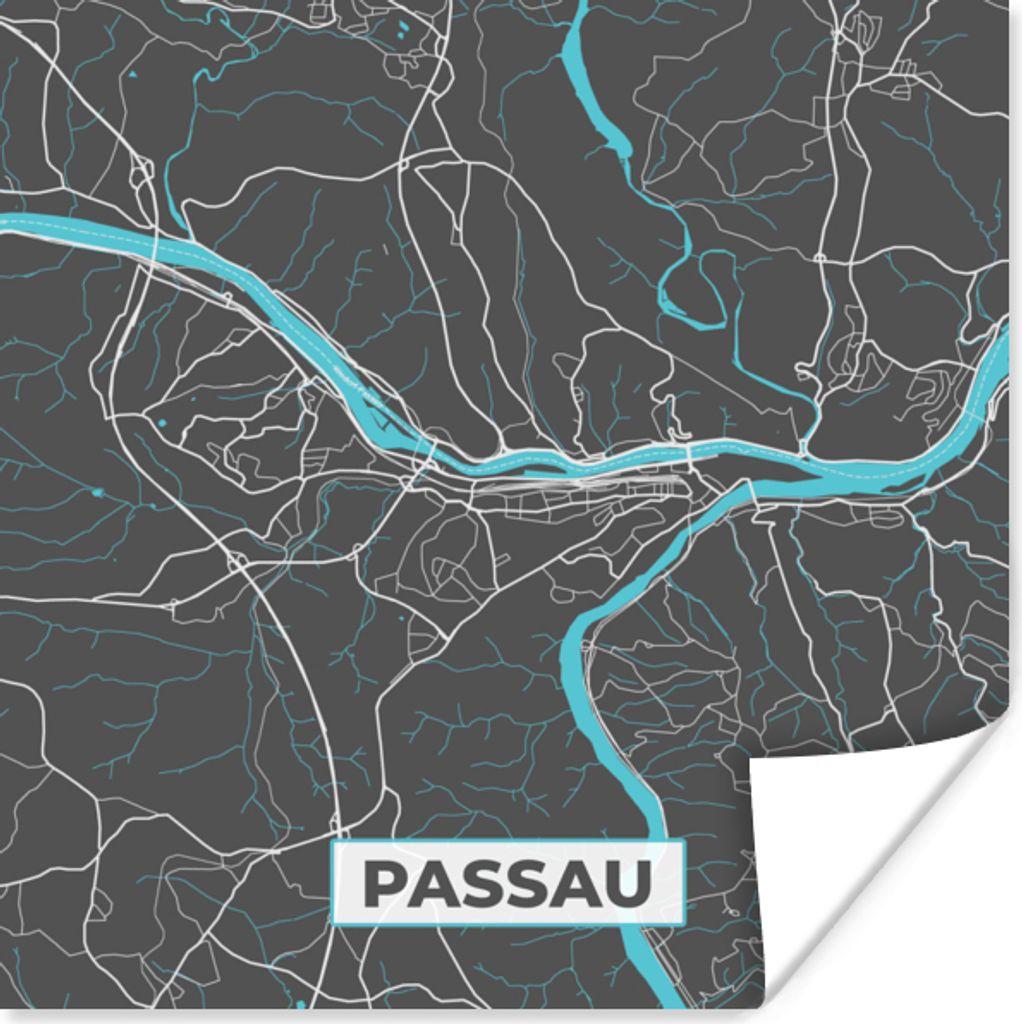 MuchoWow Poster Karte - Stadtplan - Passau - Deutschland - Blau 50x50 cm - Wohnzimmerdekoration