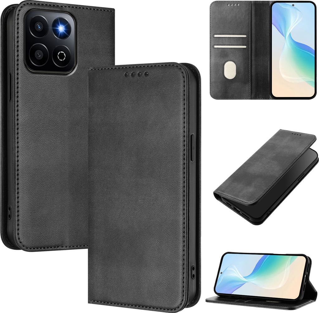 Handyhülle für Honor 200 Smart, Vintage Leder RFID Schutz Kartenfach Standfunktion Magnetische Klapphülle Schwarz