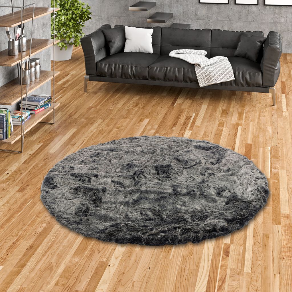 Luxus Super Soft Fellteppich Aspen Anthrazit Meliert Rund, Größe:80 cm Rund