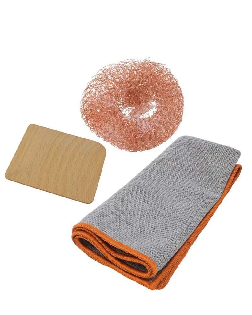 Grill-Reinigungszubehör für Gusspfanne, Plancha, Dutch-Oven, Set Topfkratzer, Mikrofasertuch, Kupferschwamm