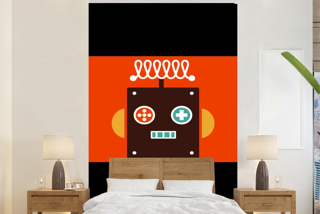 MuchoWow Fototapete für Wohnzimmer oder Schlafzimmer Wandtapete Vinyl Motivtapete Roboter - Formen - Gesicht - Orange - Jungen - Kinder - 375x28...