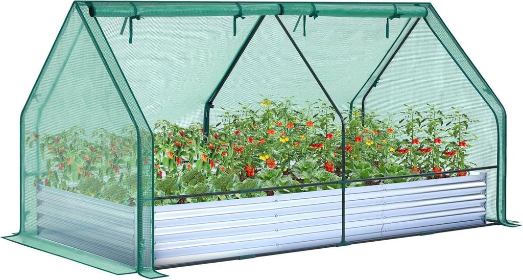 Erhöhtes Blumenbeet mit Gewächshaus 3-in-1 - Metall und PE-Folie - Mit 4 Türen - Für Garten 240 × 120 ×