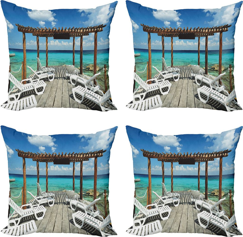 ABAKUHAUS Reise Kissenbezug Set (4 Stück), Solarien SeaSunbeds, Moderner Doppelseitiger Digitaldruck, 50 cm x 50 cm, Pale Brown White