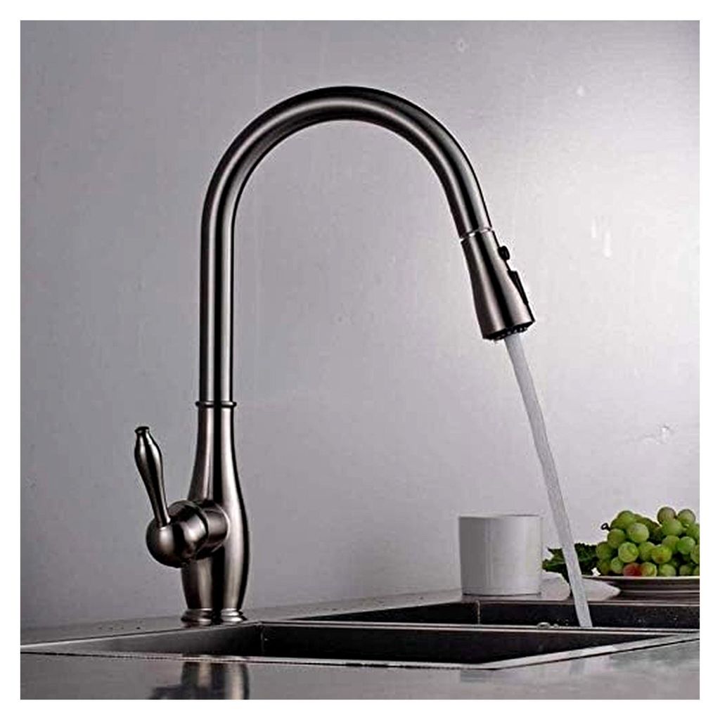 Küchenarmatur aus gebürstetem Nickel, massives Messing, 2-Wege-Auslauf-Mischbatterie, herausziehbarer und schwenkbarer Wasserhahn, Deckmontage