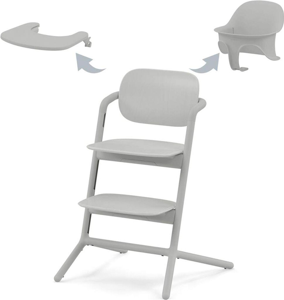 A light gray high chair with two detachable parts shown with arrows indicating how they attach.