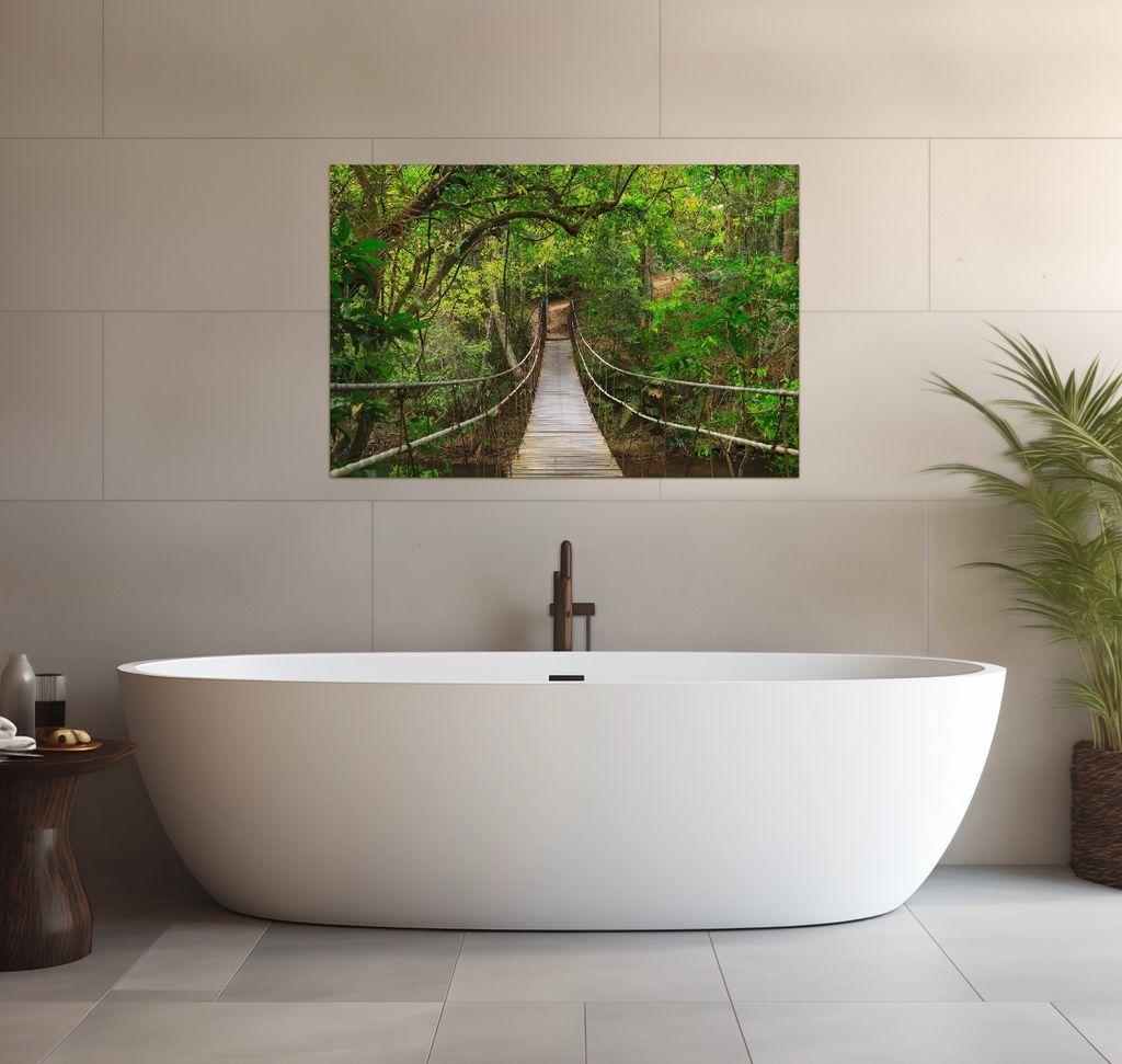 Wallario wasserfestes Poster selbstklebend 91,50 x 61 cm, Hängebrücke im Urwald grüner Dschungel, Badezimmerposter Spritzschutz mit Hochglanzobe...