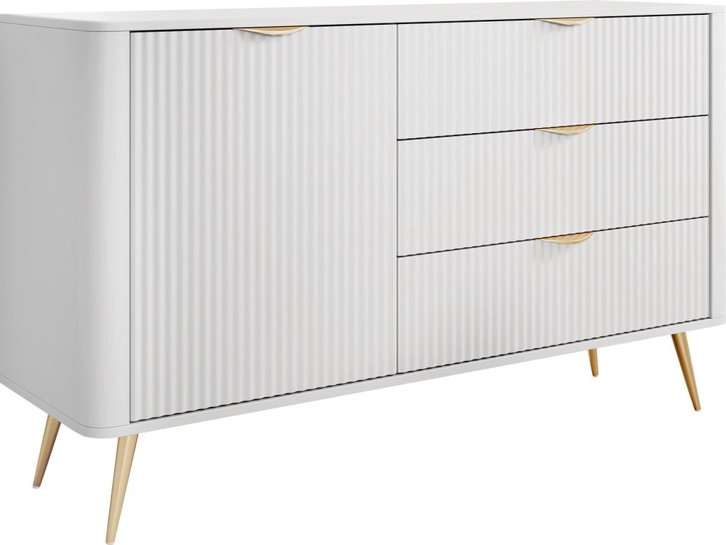 MIRJAN24 Sideboard Lante 1D3S, Kommode mit Drehtür und drei Schubladen, Metallfüße und Aluminiumgriffe, 139x38x82 cm (Farbe: Weiß)