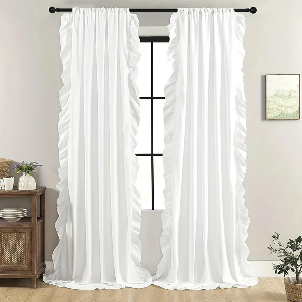 Voilage anti vis-à-vis blanc 132x274 cm à volants pour chambre zen