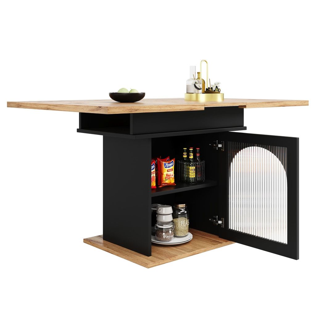 FORSMANO Esstisch Ausziehbar mit Ablagefächern, 140×80 cm, Schwarz Küchentisch Ausziehbar, MDF und Glas, Für 6–8 Personen geeignet, für Küche