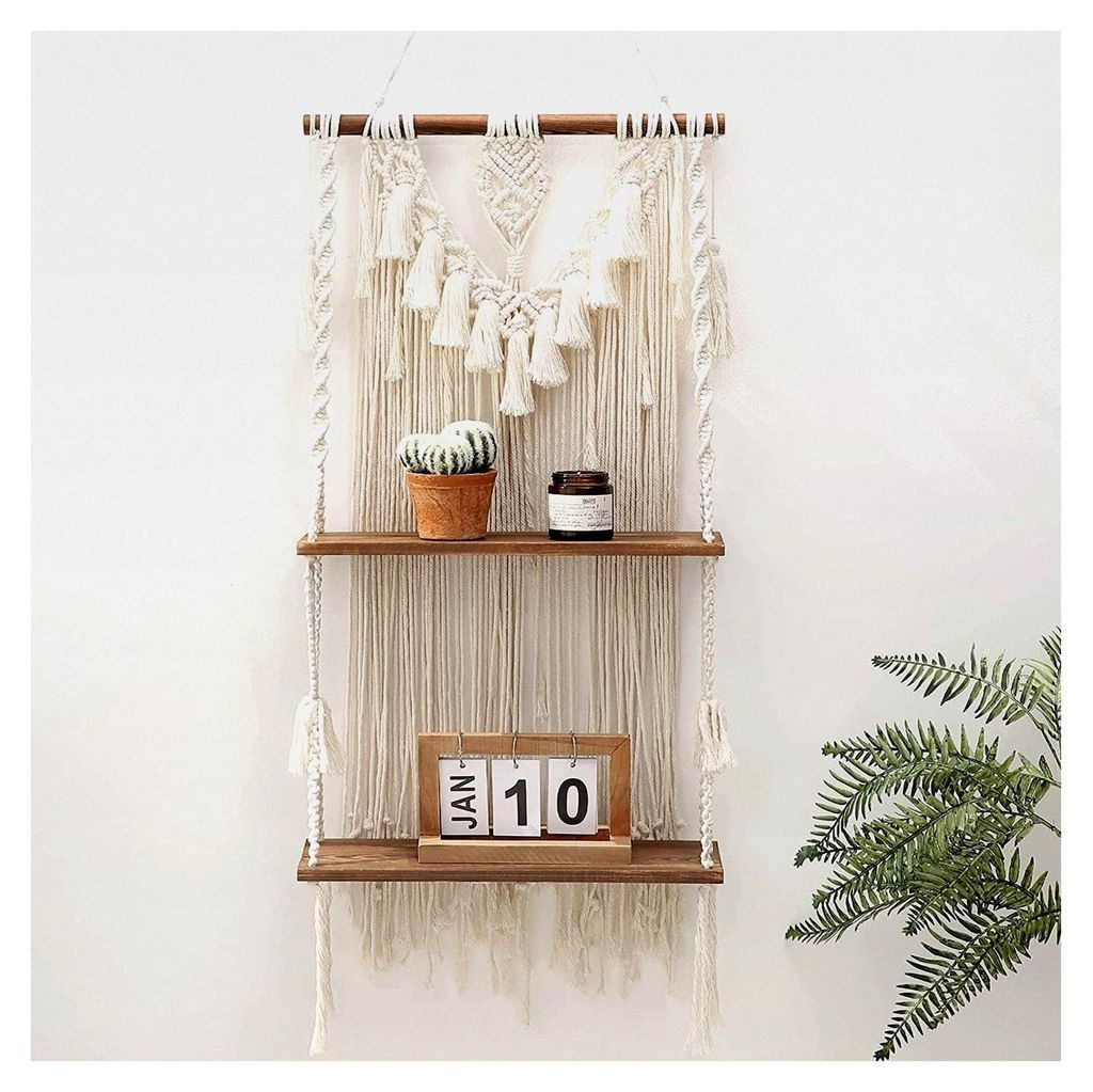 Boho Makramee Wandregal, 2 Schichten Handgefertigtes Holz Schweberegal Wanddeko, Böhmisches Regal für Balkon, Badezimmer, Wohnzimmer