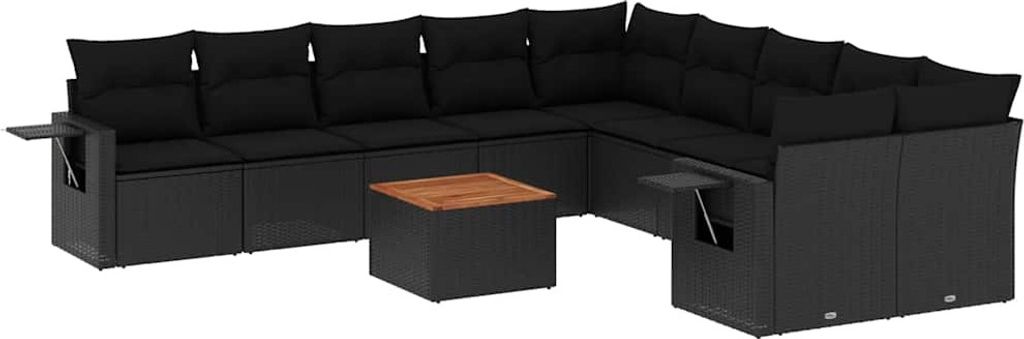 vidaXL 11-tlg. Garten-Sofagarnitur mit Kissen Schwarz Poly Rattan