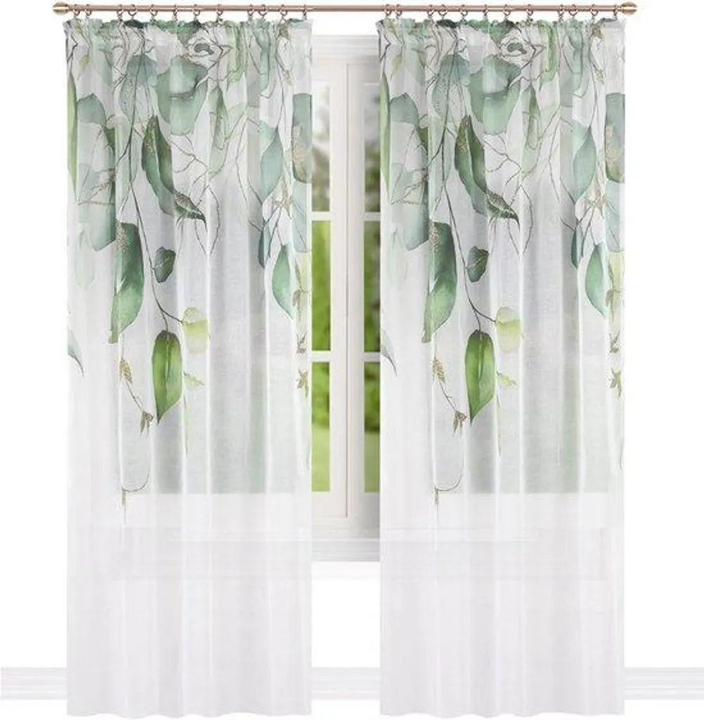Rideau blanc translucide motif feuilles 145x250 cm avec bande volant