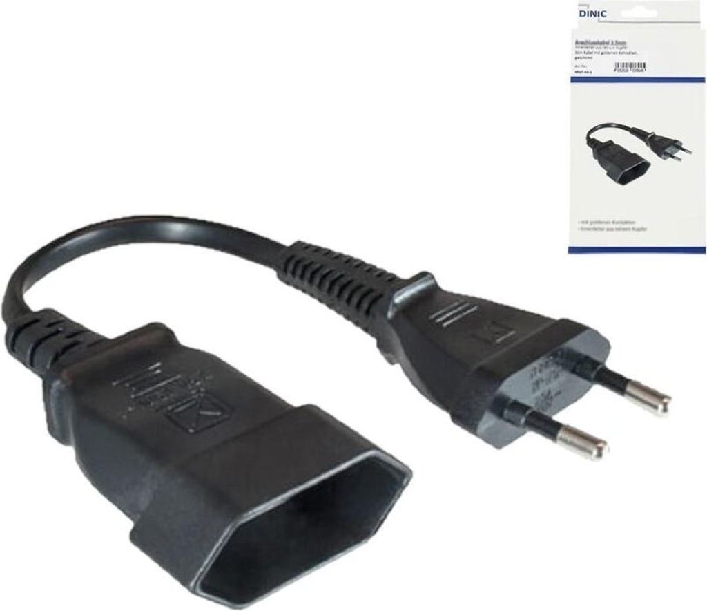 DINIC Netzkabel Eurostecker auf Eurobuchse, 0,75mm², Euro CEE 7/16, Verlängerung, VDE, schwarz, Länge 0,2