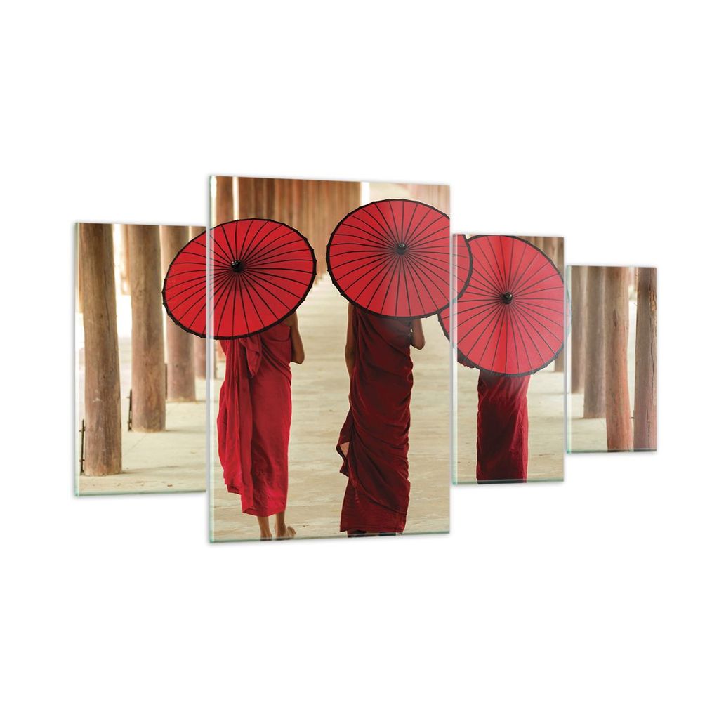 Bilder auf glas - 4 Teile - Bhutan Regenschirm Rot - 160x90cm - Glasbilder - Wandbilder - Bilder - zum Aufhängen bereit - Wanddekoration aus Glas ...