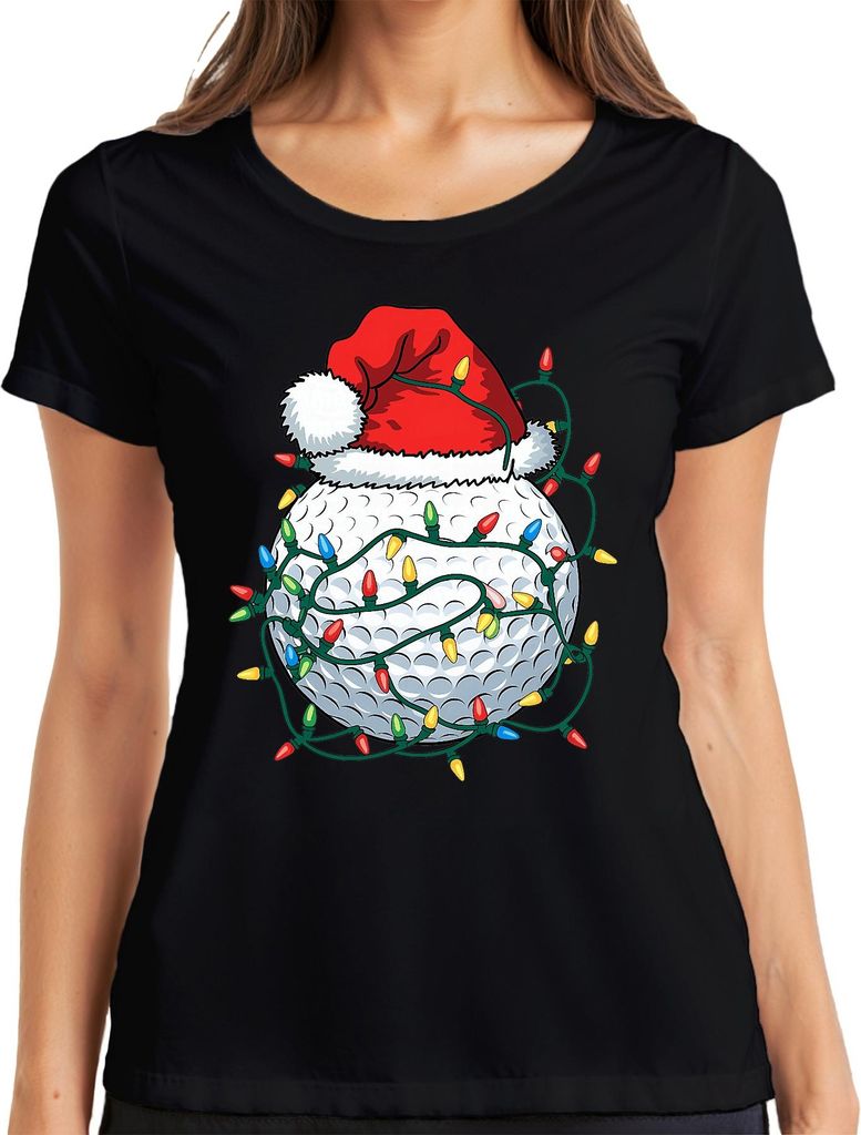 Weihnachten Golfball mit Mütze und Lichtern Golf Geschenk Idee Damen T-Shirt, Schwarz, XXL