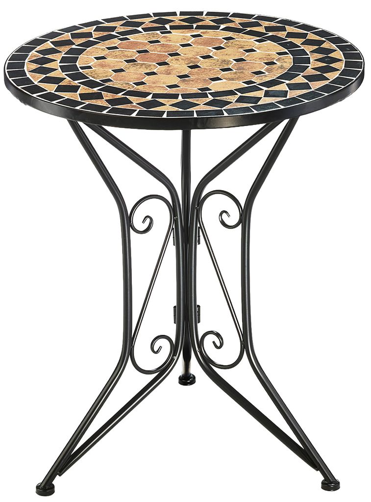 A round mosaic table with a black metal base.