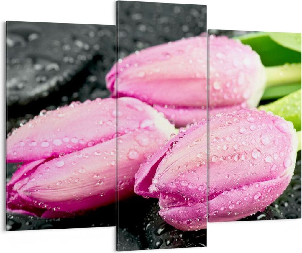 Bild auf Leinwand - Leinwandbild - Tulpen Tau Steine Pflanze - 130x100cm - Wand Bild - Wanddeko - Leinwanddruck - Bilder - Kunstdruck - Wanddekorat...
