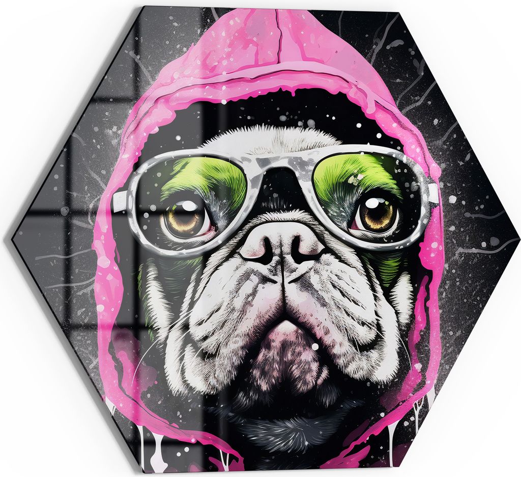 DEQOART Magnettafel Glas 40x35 cm 6-eckig 'Streetstyle Mops' beschreibbar Whiteboard Küche