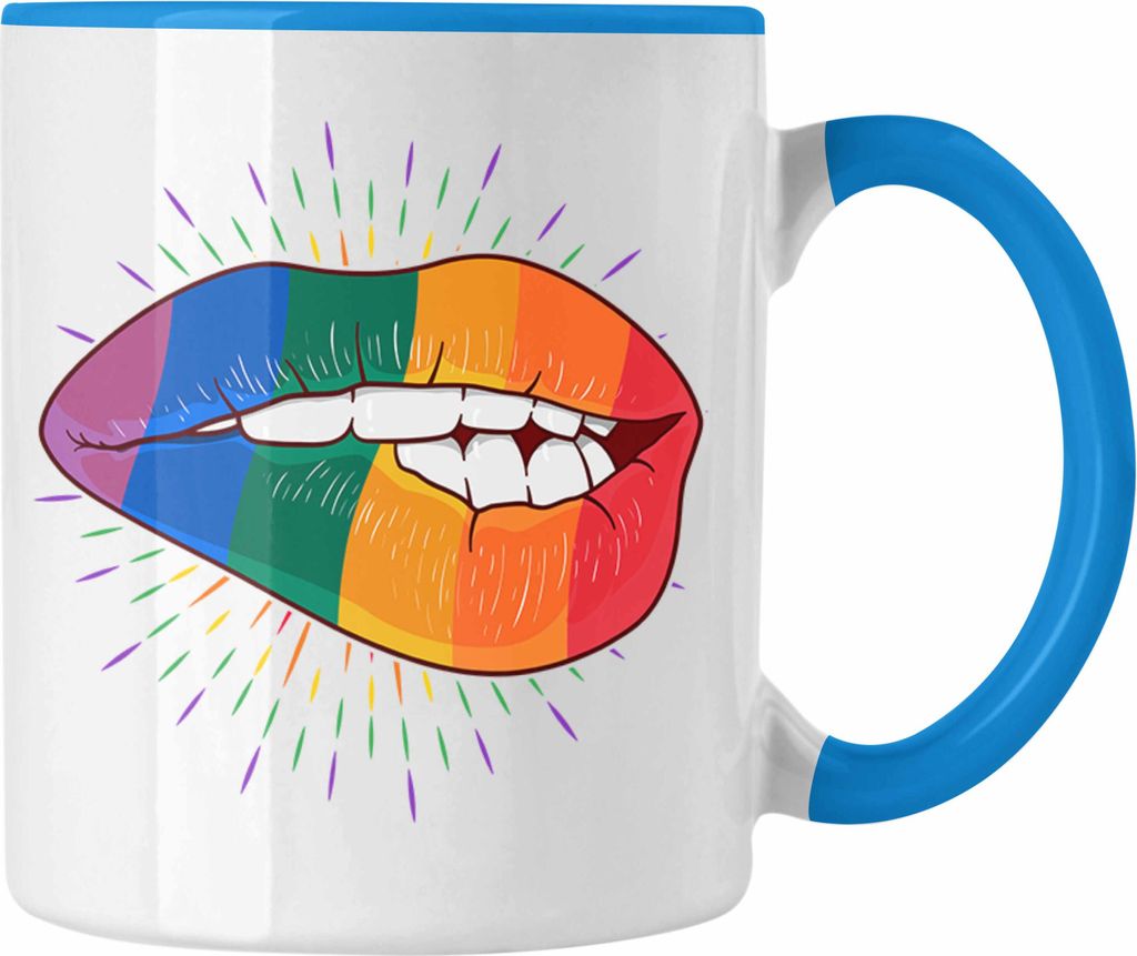 Trendation - LGBT Tasse Geschenk für Schwule Lesben Transgender Regenbogen Lustige Grafik Regenbogen Bunte Lippe (Blau)
