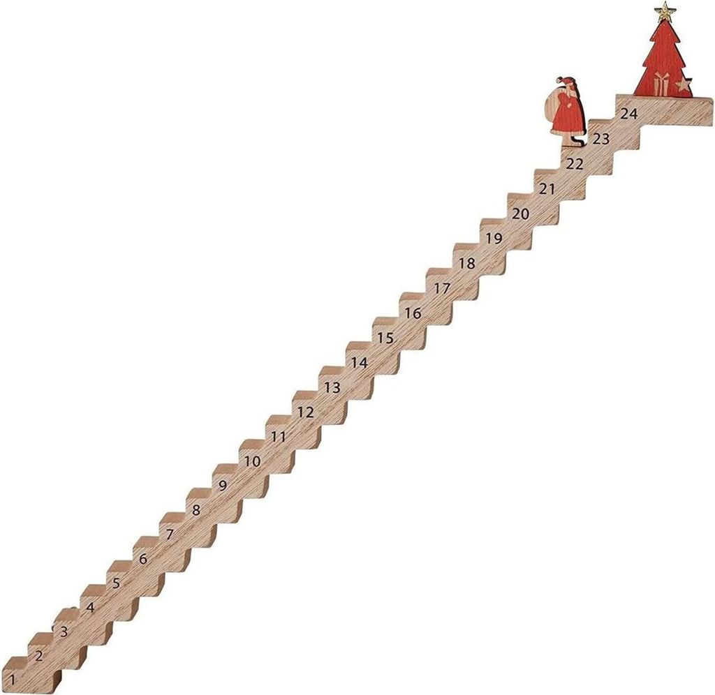 A wooden advent calendar shaped like stairs with numbers 1-24.